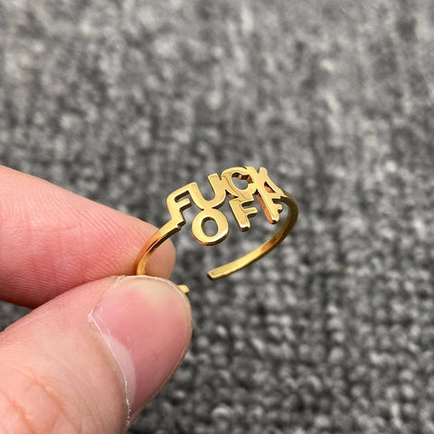 Gold Plated Stainless Steel 'FUCK OFF' Adjustable Ring