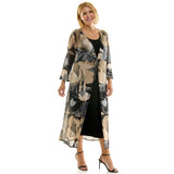 PLUS SIZE ABSTRACT PRINT MESH DUSTER & MIDI DRESS SET: Tan/Gray/Black / 1X