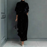 Velvet Mock Neck Wide Leg Pants Two Piece Lounge Set: Dark Green / XL