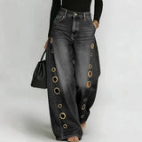 Women's High Rise Wide Leg Jeans Metal Grommets Vintage: Navy Blue / 2XL