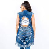 DISTRESSED LONG LENGTH DENIM VEST-RBT713: L / DARK BLUE / Junior