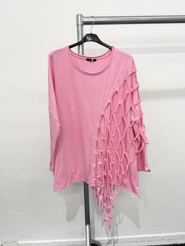 Pure Stretchy Cotton Plus Size Top With Distressed Slashing : BabyPink