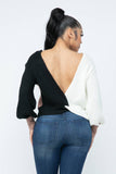 Color Block Twisted Open Back Loose Fit Cozy Sweater: Rust Combo / 1-2-2-1 (S-M-L-XL)