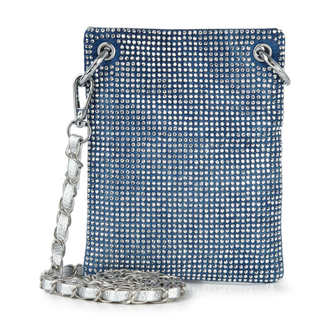 Rhinestone Bling Petite Crossbody Sling: Blue-Silver
