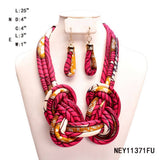 African Print Fabric Bib Necklace And Earrings Set: Fuchsia