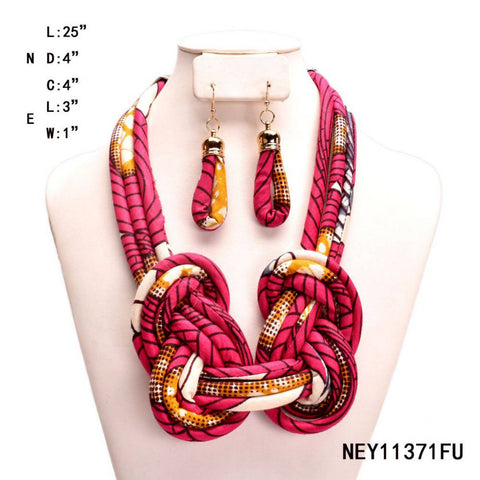 African Print Fabric Bib Necklace And Earrings Set: Fuchsia