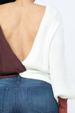 Color Block Twisted Open Back Loose Fit Cozy Sweater: Rust Combo / 1-2-2-1 (S-M-L-XL)