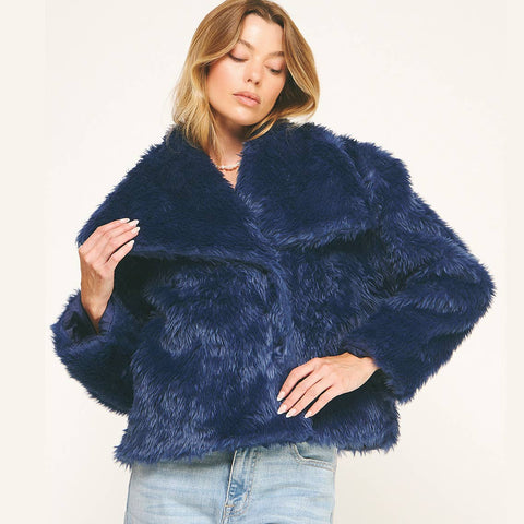 LUXE NAVY FAUX FUR CROPPED JACKET: NAVY / M