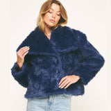 LUXE NAVY FAUX FUR CROPPED JACKET: NAVY / L