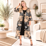PLUS SIZE ABSTRACT PRINT MESH DUSTER & MIDI DRESS SET: Tan/Gray/Black / 1X