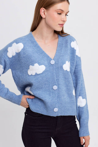 Cloud Printed Knit Cardigan Cropped Cute Sweaters: Blue