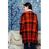 PLAID FUR LINED CARDIGAN COAT WITH WIDE COLLARS: RUST / S/M