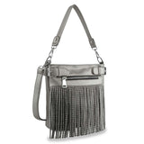 Silver handbag with fringe details on a white background