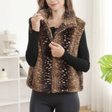 Deer Pattern Soft Faux Fur Zip-Up Vest with Pockets: COFFEE / One Size