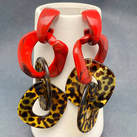 Geometric Leopard Color Acrylic Linked Charm Post Earrings