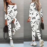 Women Off Shoulder Letter Print Lounge Set Two Piece: Black / 2XL