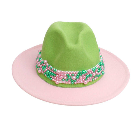 AKA Sorority Pink Green Top Fedora Pearl Hat Women: Pink and Green / Multi Tone / One size