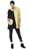 Woman wearing a black and yellow outfit with a white background