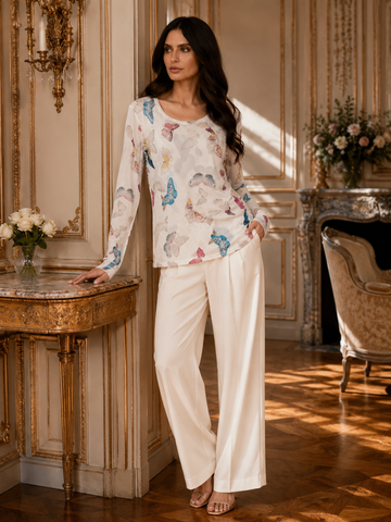 90452-A7 Butterfly Print Long Sleeve Mesh Top: M