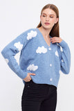 Cloud Printed Knit Cardigan Cropped Cute Sweaters: Blue