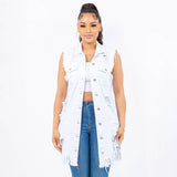 DISTRESSED LONG LENGTH DENIM VEST-RBT713: L / DARK BLUE / Junior