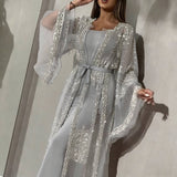 Sequin Evening Gown with Cape Sleeve: Black / XL