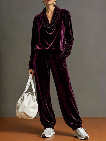 Women's Velvet Cowl Neck 2 Piece Lounge Set: Purple / XL