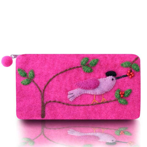 Bird on branch long coin purse: Hot Pink