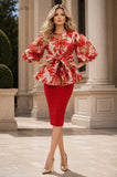 T26023 METALLIC BROCADE PEPLUM TOP: RED / XL