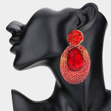 Oval Glass Stone Rhinestone Paved Dangle Evening Earrings: Red