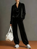 Women's Velvet Cowl Neck 2 Piece Lounge Set: Purple / XL