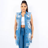 DISTRESSED LONG LENGTH DENIM VEST-RBT713: L / DARK BLUE / Junior