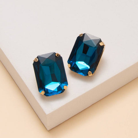 Rectangular Cut Crystal Stud Earrings: Blue