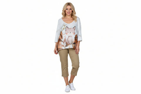 Light gray sweater with a cat print on a hanger against a white background