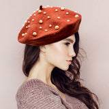 Pearl Embellished Tam Beret Hat: Rust