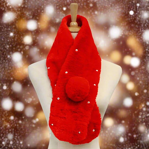 Red Pearl Embellished Faux Fur Pom Pom Pull Through Scarf