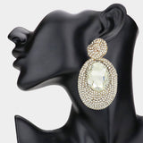 Oval Glass Stone Rhinestone Paved Dangle Evening Earrings: Red