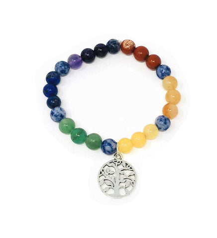 #18 7 Chakra 8mm beads with Tree of life charm Bracelet