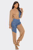 Color Block Denim Detail Top Pockets Pants Set: H.Grey-Denim / 2-2-2 (S-M-L)
