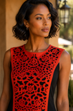 Red & Black Laser Cut Sleeveless Shift Dress: Black/Red / L