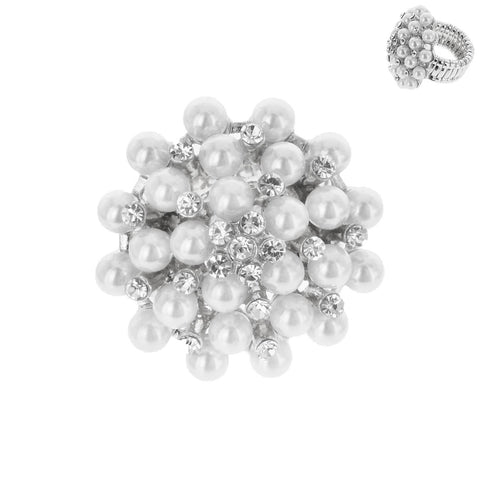 Vintage Crystal & Pearl Statement Stretch Ring: Silver