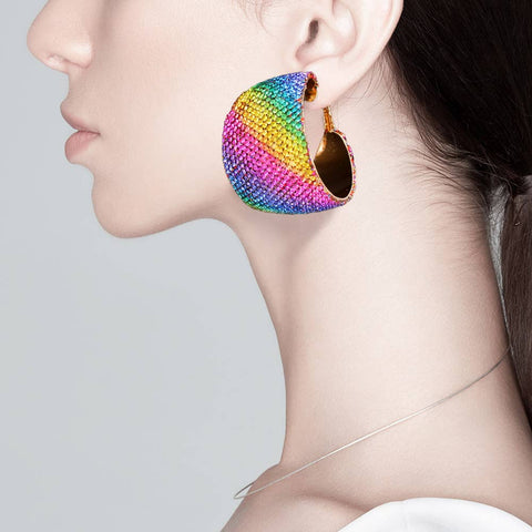 Rhinestone Pave Hoop Evening Earrings: Gold Rainbow