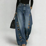 Women's High Rise Wide Leg Jeans Metal Grommets Vintage: Navy Blue / 2XL