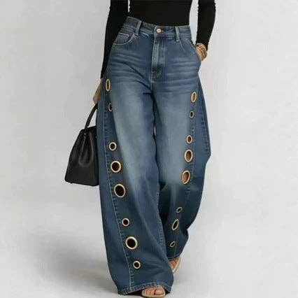 Women's High Rise Wide Leg Jeans Metal Grommets Vintage: Navy Blue / 2XL