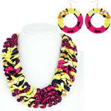 Woven African Print Bib Necklace & Earring Set: Fuchsia