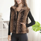 Deer Pattern Soft Faux Fur Zip-Up Vest with Pockets: COFFEE / One Size