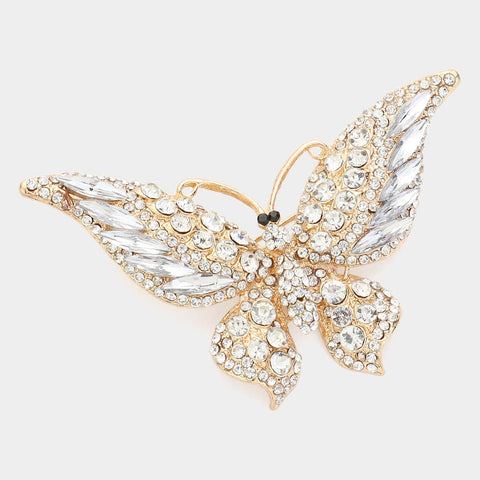 Glass Crystal Butterfly Pin Brooch: Gold