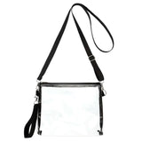A clear, transparent crossbody shoulder bag with a black adjustable handle and zipper closure.