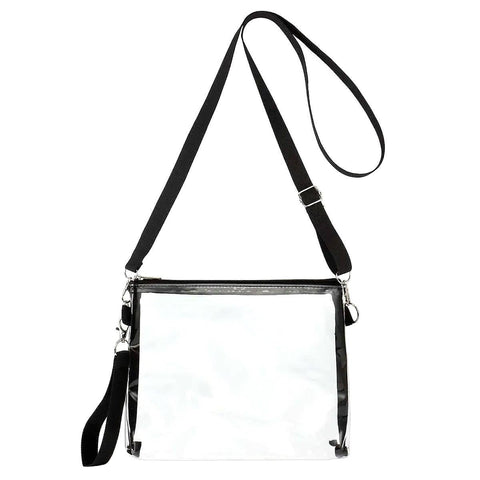 A clear, transparent crossbody shoulder bag with a black adjustable handle and zipper closure.