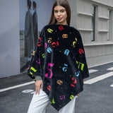 Faux Fur Colorful Number Patterned Poncho
: Black